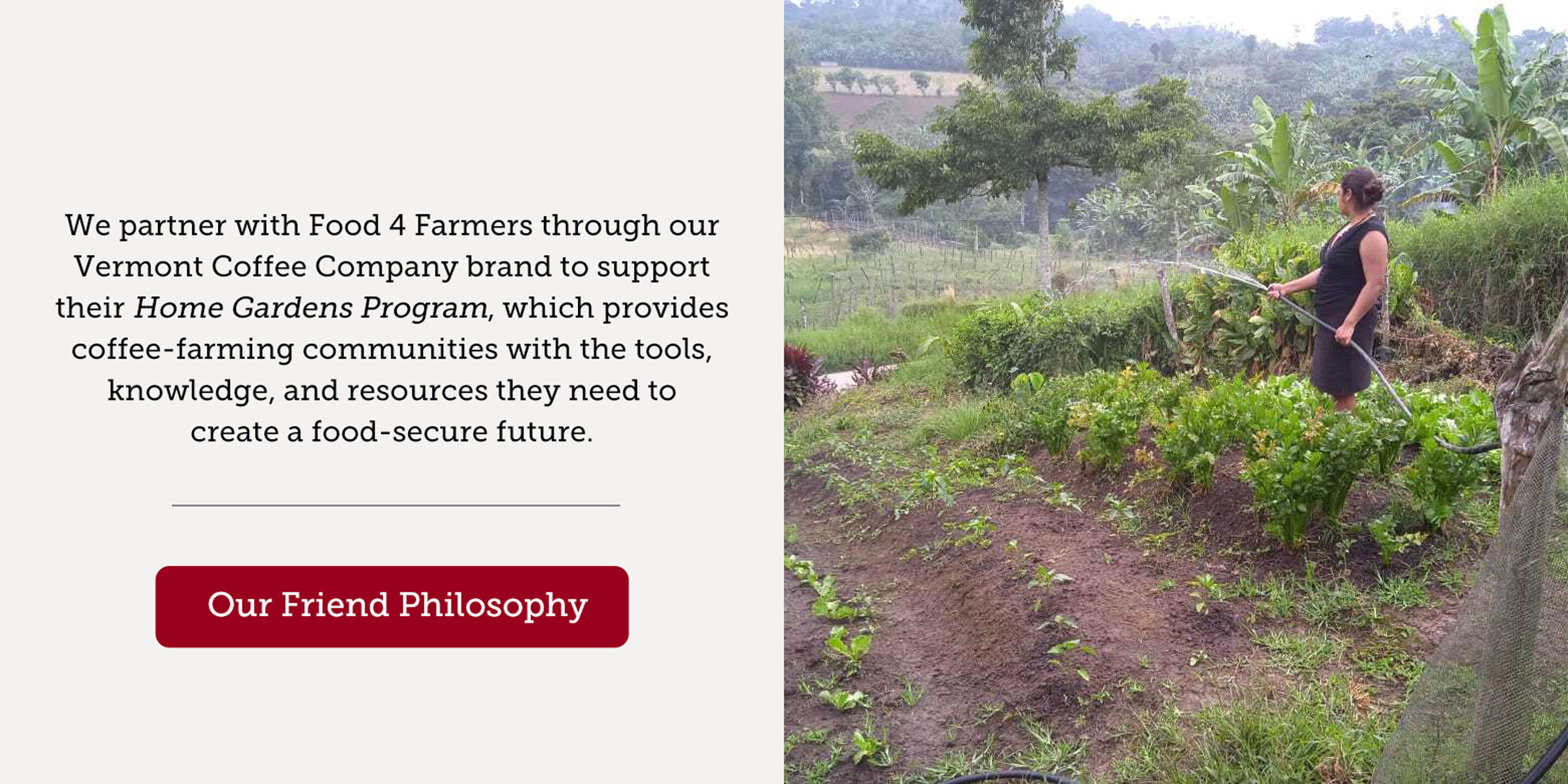 We partner with Food 4 Farmers through our Vermont Coffee Company brand to support their Home Gardens program, which provides coffee farming communities with the tools, knowledge and resources they need to create a food-secure future. Learn more here: | Our Friend Philosophy