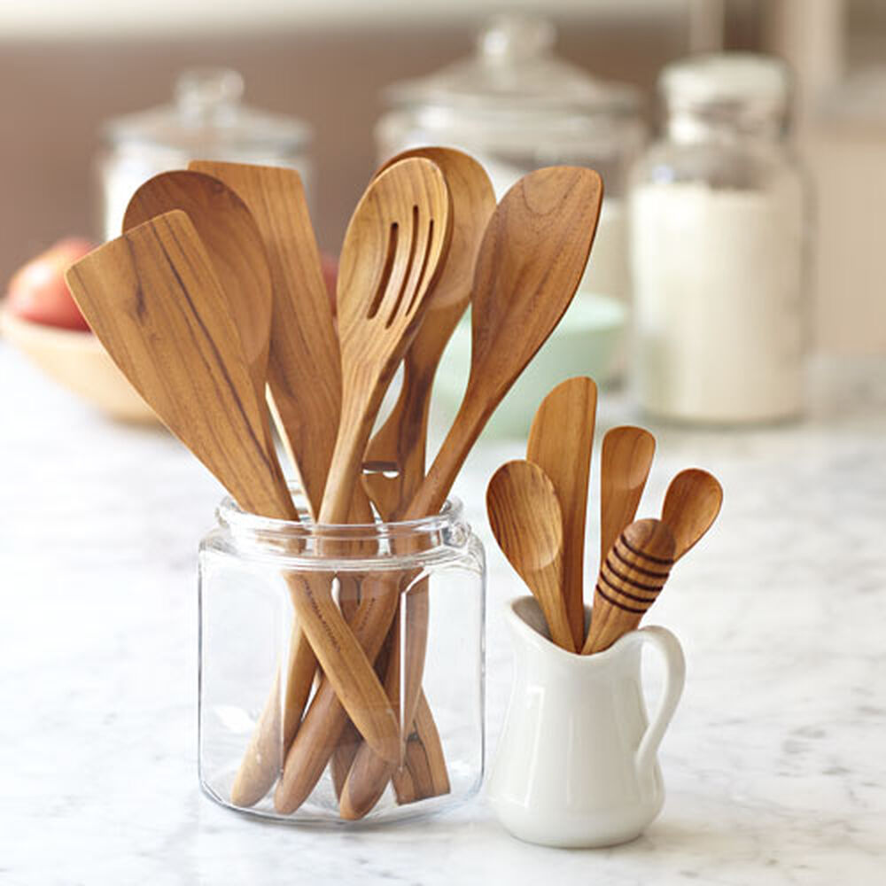 Wooden Cooking Utensils Set - 6 Pcs Natural Teak Wood Spoons And