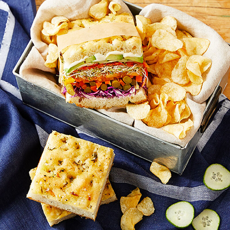  Sandwiches made with focaccia bread, pickled and fresh vegetables. 