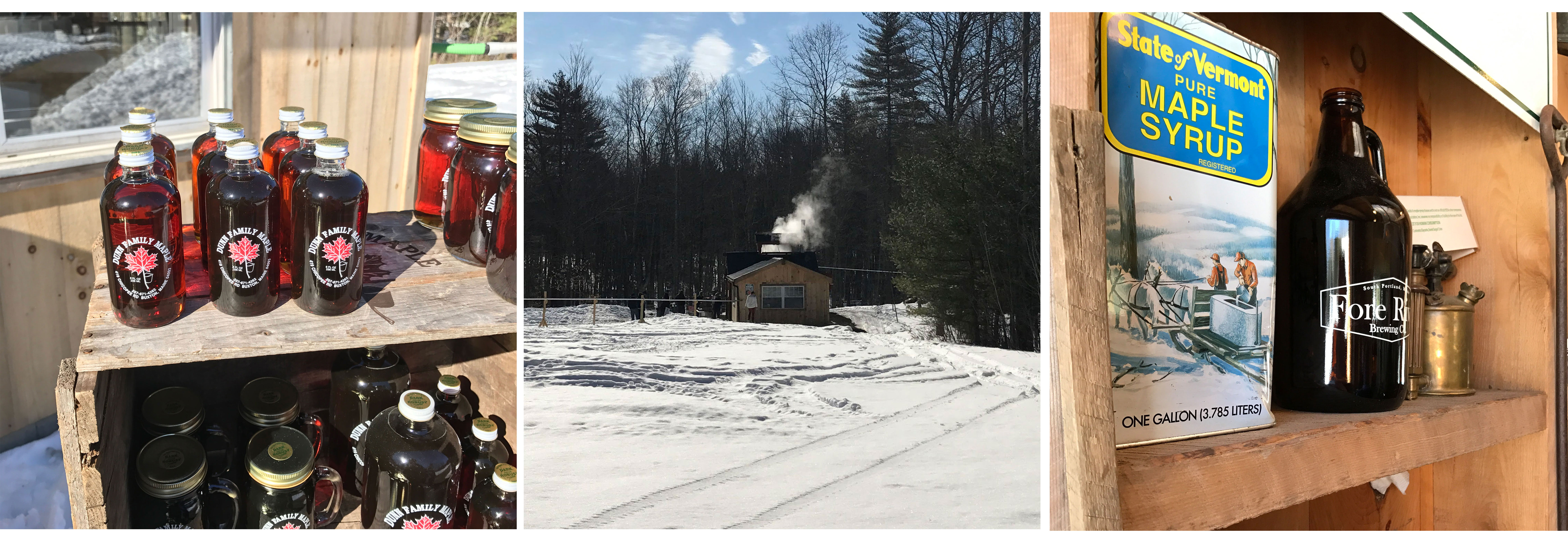 A side-by-side-by-side image of a maple shack. The left image is of jars of fresh maple syrup on a wooden shelf, the middle image is a far off shot of a maple shack in the winter on a sunny day, and the right image of some maple memorabilia on a shelf inside the shack.